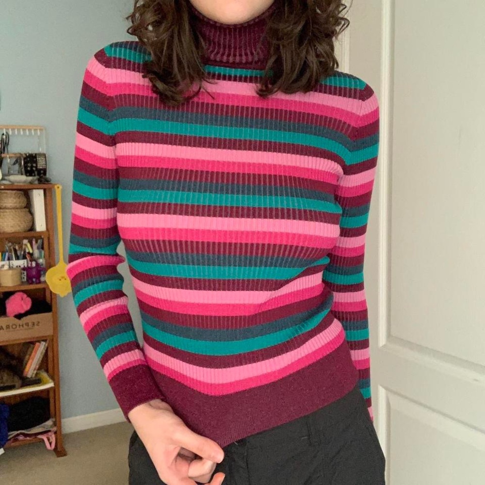 pink/purple & teal ribbed striped long sleeve turtleneck by 525 america
